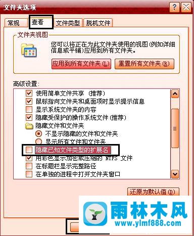 雨林木风XP系统隐藏或显示文件格式的方法